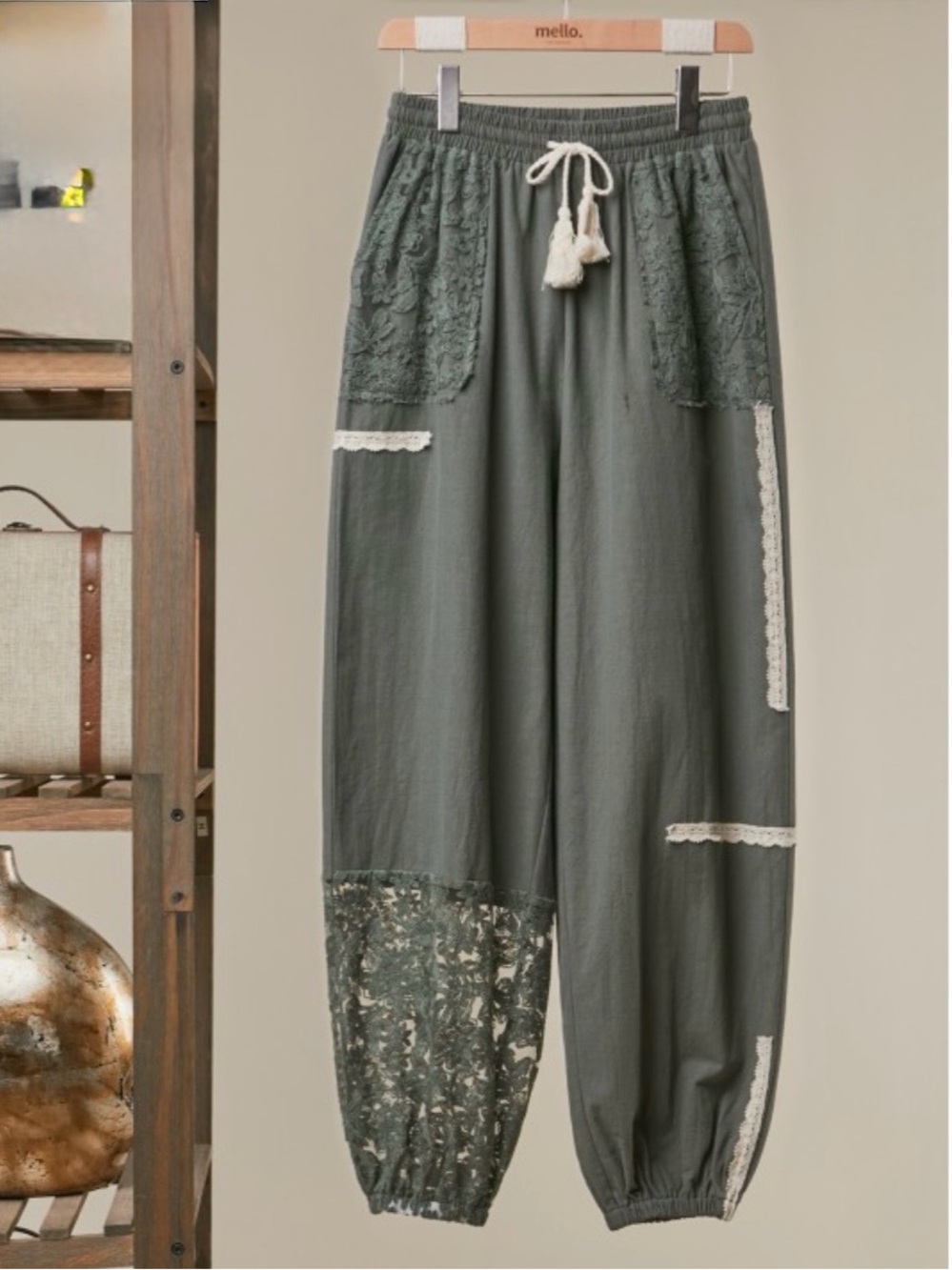 Mello Boho Lace-Trim Elastic Waist Pants - Green